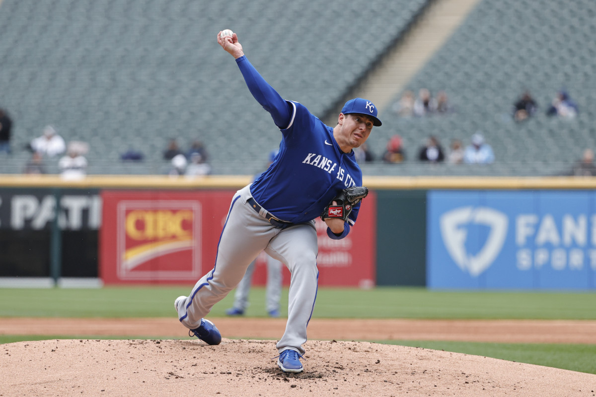 Apr 28, 2022; Chicago, Illinois, USA; Kansas City Royals starting pitcher Brad Keller (56) delivers against the Chicago White Sox during the first inning at Guaranteed Rate Field. Mandatory Credit: Kamil Krzaczynski-USA TODAY Sports